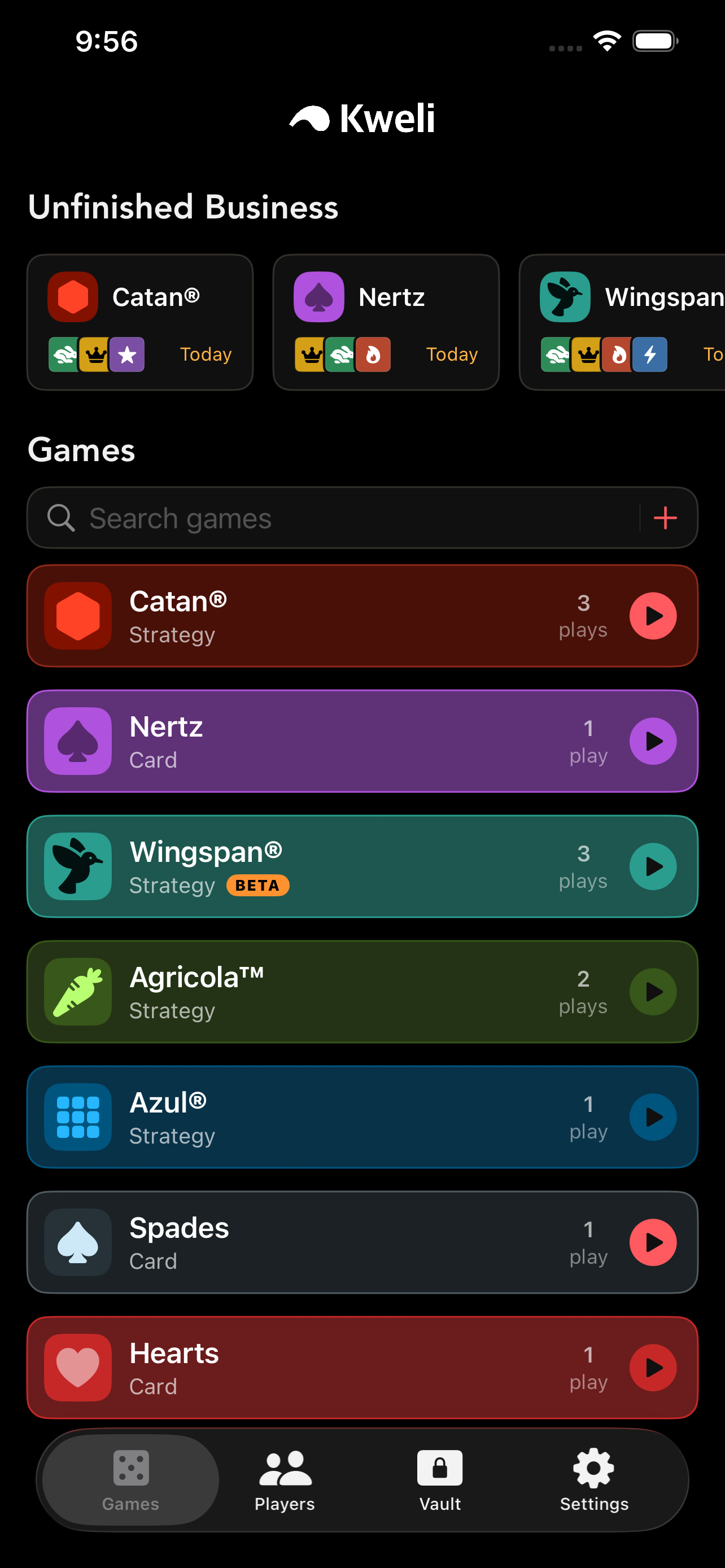Kweli home screen showing games ready to play