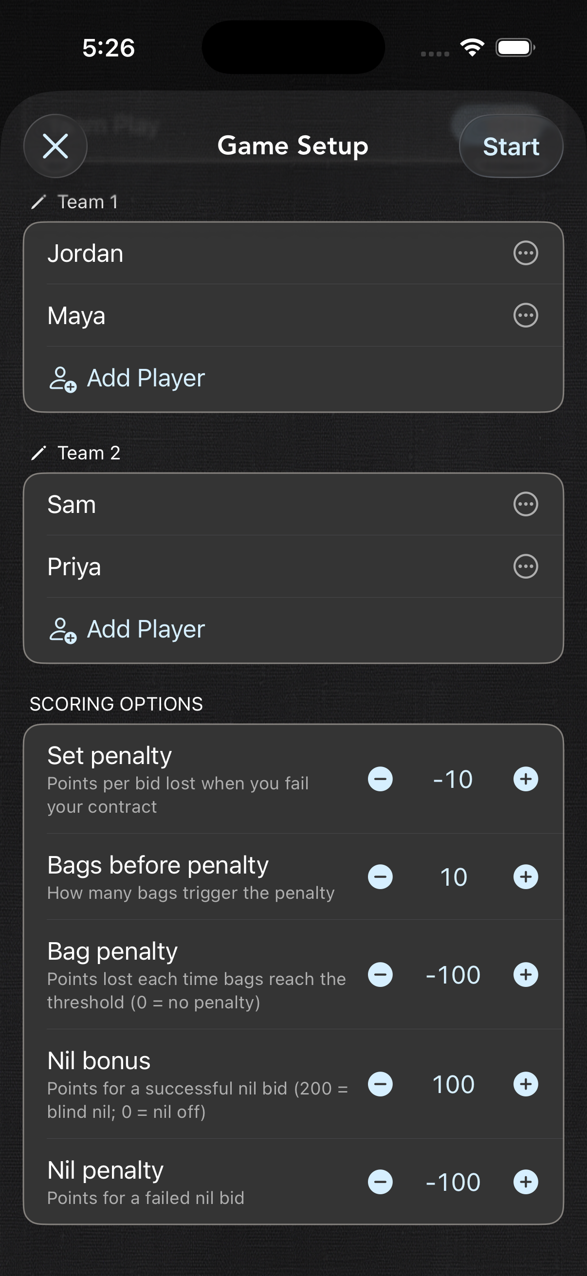 Kweli game setup for Spades with two teams and house-rule scoring options