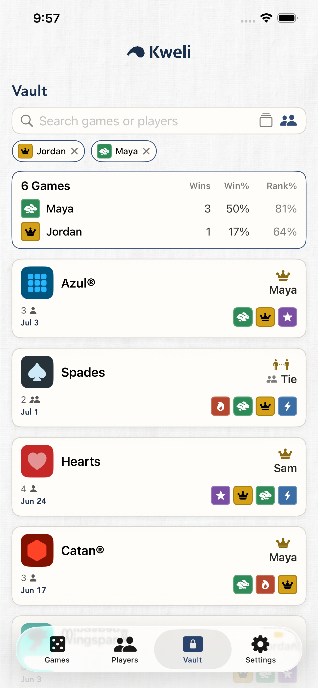 Kweli Vault showing past games and head-to-head records